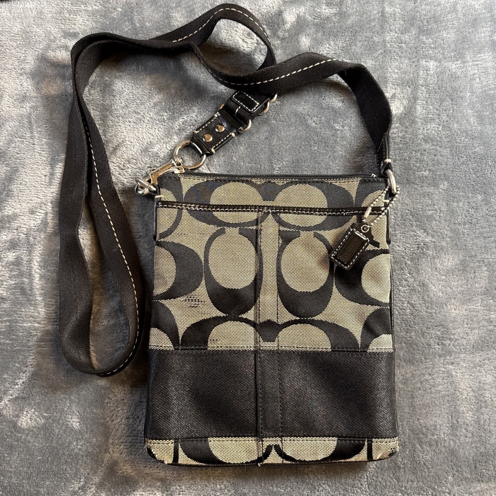 Vintage Y2K Coach Signature Stripe Crossbody Bag Black Grey Canvas Leather